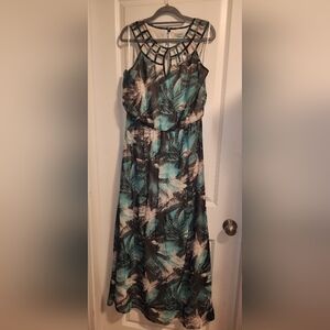 NWT Ricki's Turquoise, Black & White Tropical Print Lattice Neckline Maxi Dress